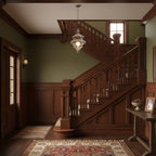 A small clear glass Clérachic pendant hangs in a stairwell with dark wood panelling, a carved staircase and olive green walls.