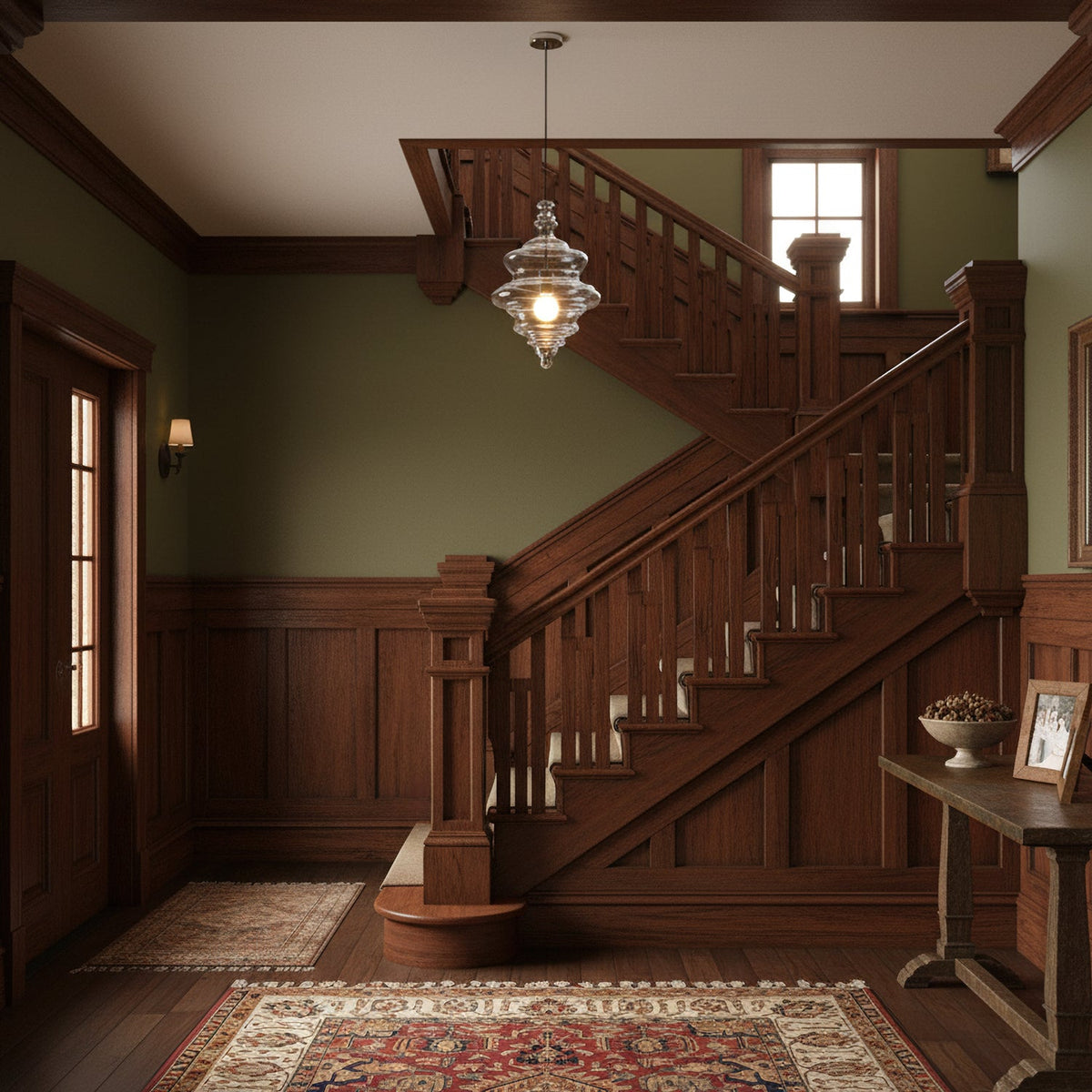 A small clear glass Clérachic pendant hangs in a stairwell with dark wood panelling, a carved staircase and olive green walls.