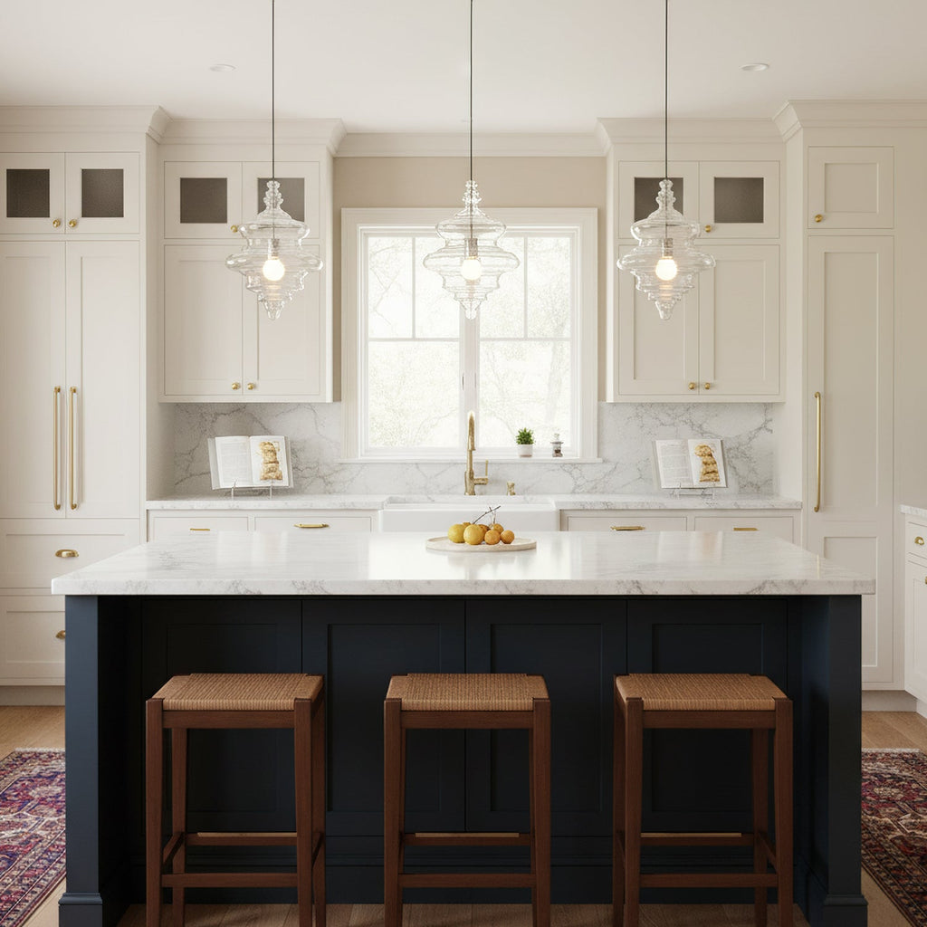 Three clear glass pendants from Clérachic hang in a row over a navy kitchen island with white worktops and woven stools.