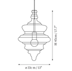 Clérachic pendant light dimension drawing, 1 of 3, every measurement marked in centimetres and inches.