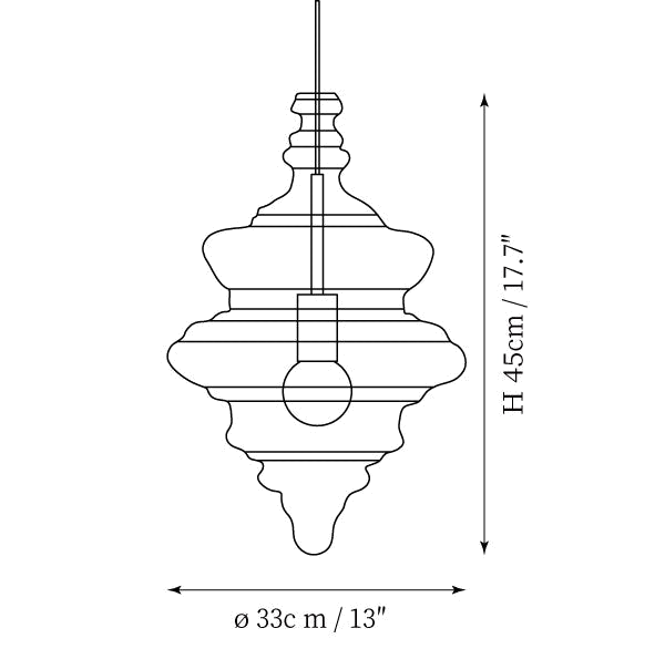 Clérachic pendant light dimension drawing, 1 of 3, every measurement marked in centimetres and inches.