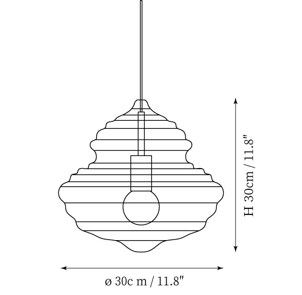 Clérachic pendant light dimension drawing, 2 of 3, every measurement marked in centimetres and inches.