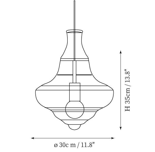 Clérachic pendant light dimension drawing, 3 of 3, every measurement marked in centimetres and inches.