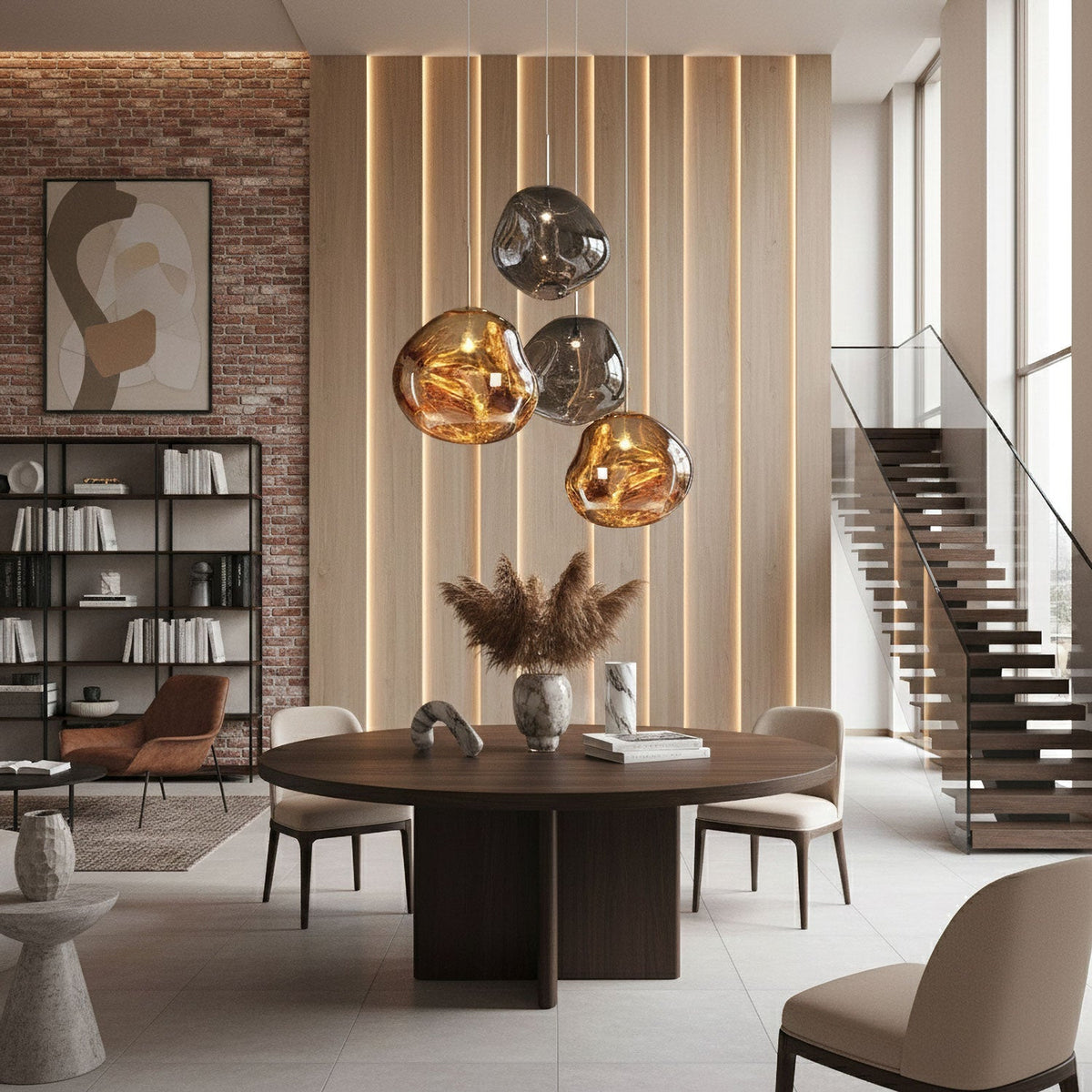 A cluster of Clérachic glass pendants in gold, grey and copper tones hangs above a round dark table in a tall room with brick and timber walls.