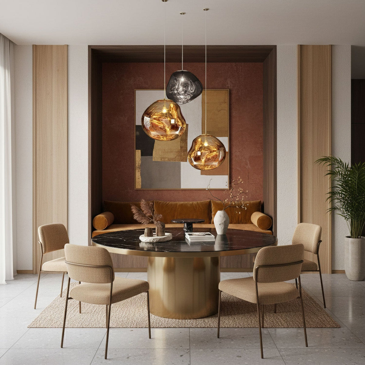 Three Clérachic glass pendants at different heights above a round dining table, in a niche with a terracotta wall and a framed abstract print.