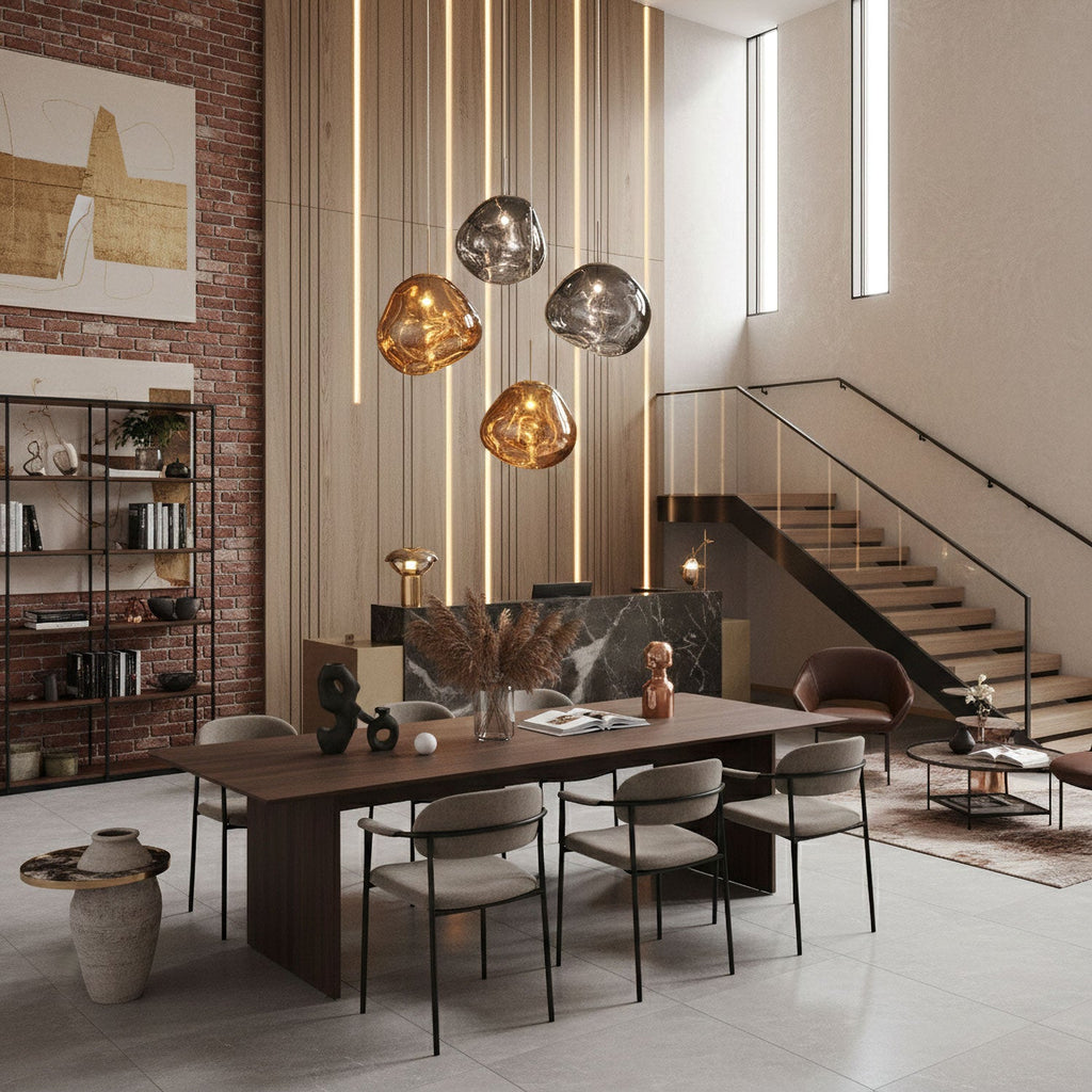 Four Clérachic glass pendants, in gold and smoke tones, hang over a long walnut table in a double-height room with a staircase.