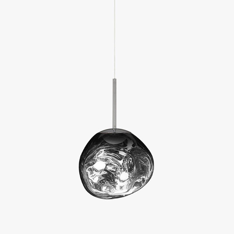 This Clérachic silver mirror-glass pendant on a white backdrop, with a swirled inner surface, a short rod and a lit bulb inside.