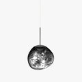 This Clérachic silver mirror-glass pendant on a white backdrop, with a swirled inner surface, a short rod and a lit bulb inside.