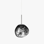 This Clérachic silver mirror-glass pendant on a white backdrop, with a swirled inner surface, a short rod and a lit bulb inside.