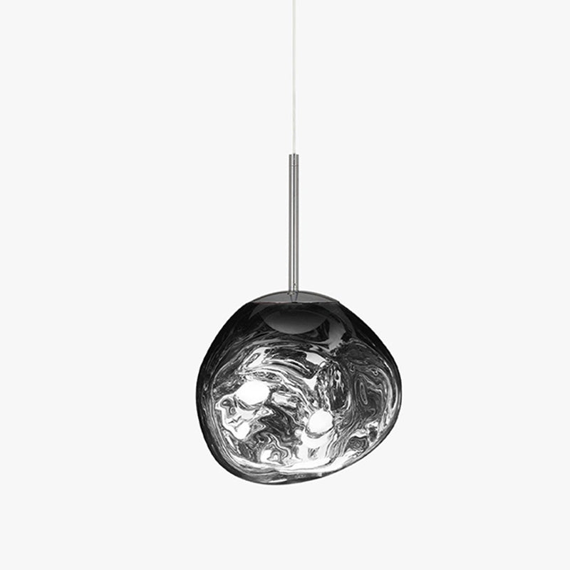 A Clérachic dark mirror-glass pendant on a light backdrop, with a polished rod and swirls of reflection.