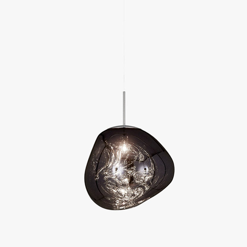 Clérachic smoke-grey glass pendant seen from the front on a light backdrop, with a dark shade and a silvery lit centre.