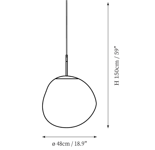 Clérachic pendant light dimension drawing, every measurement marked in centimetres and inches.