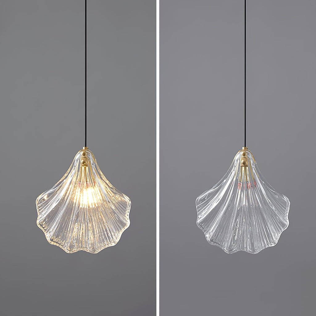 Two views side by side of a Clérachic shell pendant on grey, lit on the left and switched off on the right.