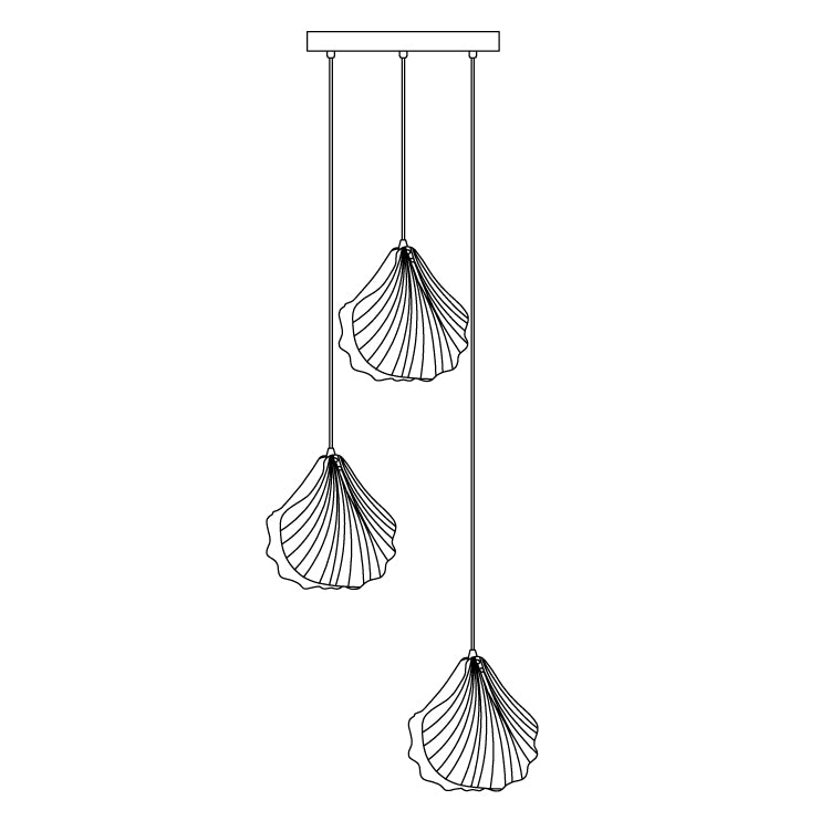 Line drawing of three shell pendants from Clérachic hanging at different lengths from one long rectangular ceiling plate.