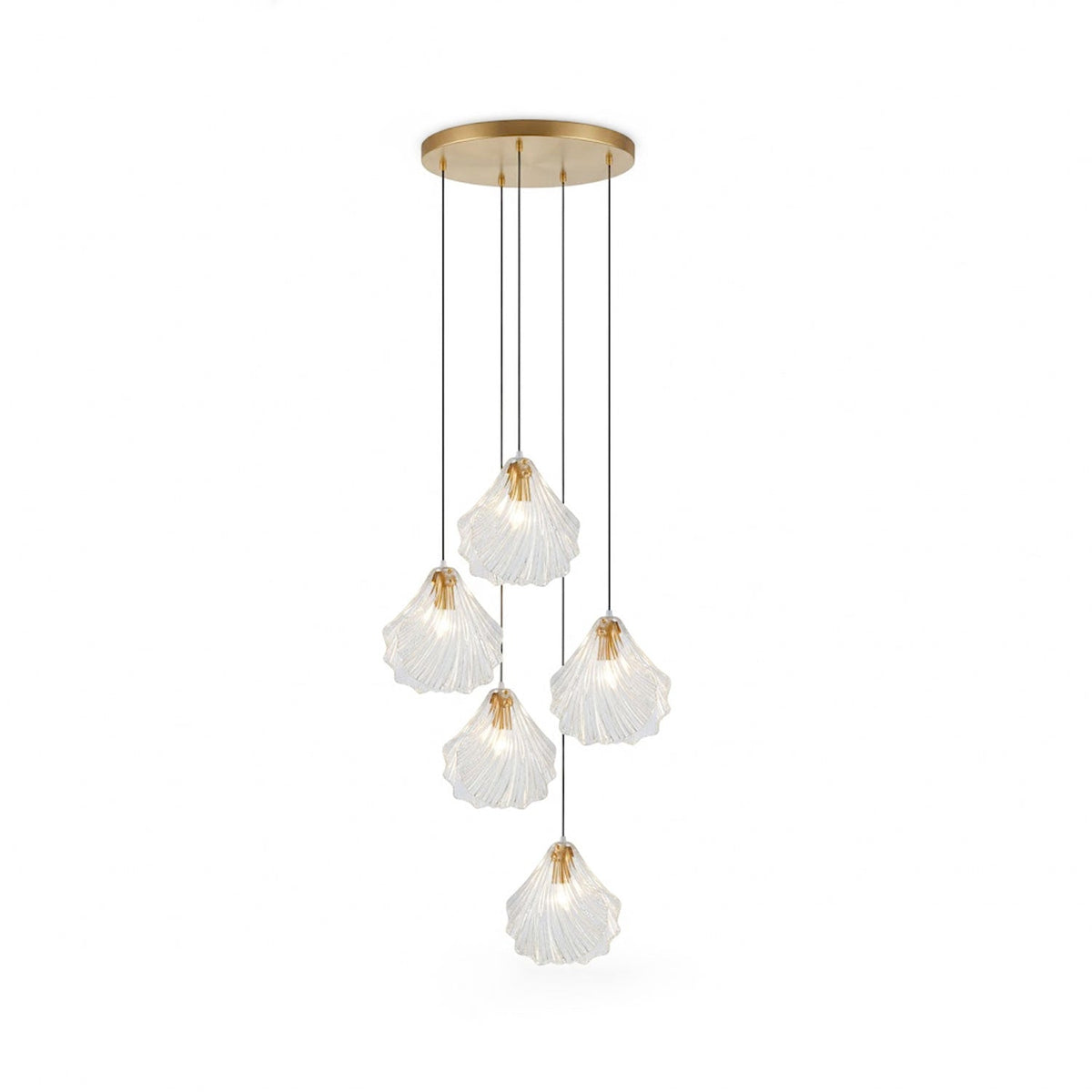 A compact Clérachic cluster of five clear glass shell pendants hangs from a round brass plate, on a white background.