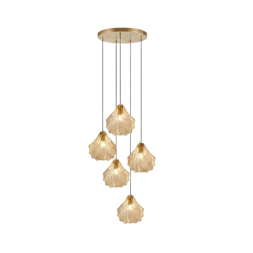 A compact Clérachic cluster of five cognac glass shell pendants hangs from a round brass plate, on a white background.