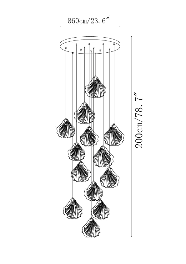 Clérachic pendant light dimension drawing, 2 of 6, every measurement marked in centimetres and inches.