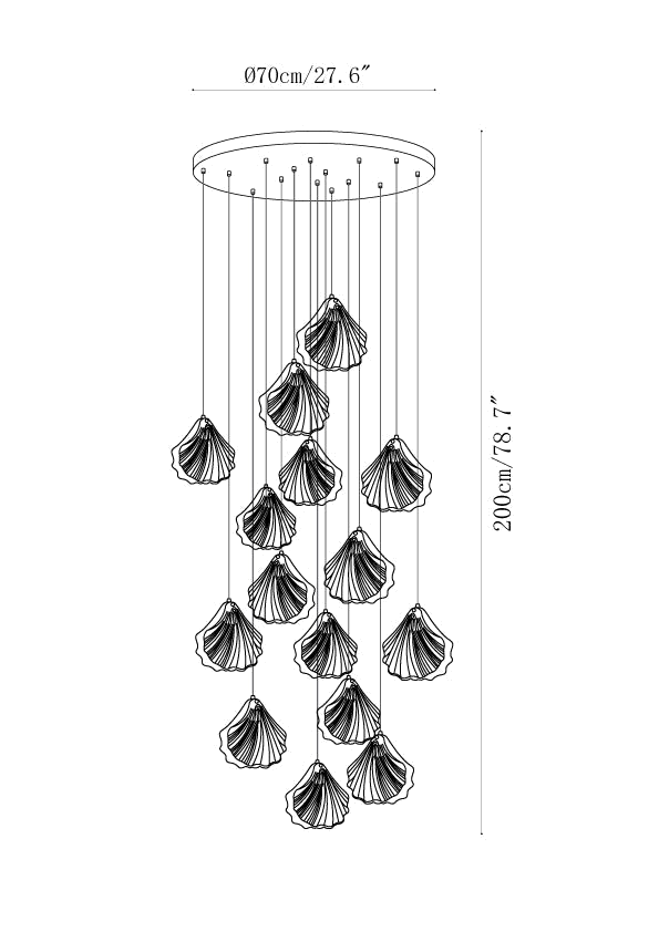Clérachic pendant light dimension drawing, 3 of 6, every measurement marked in centimetres and inches.