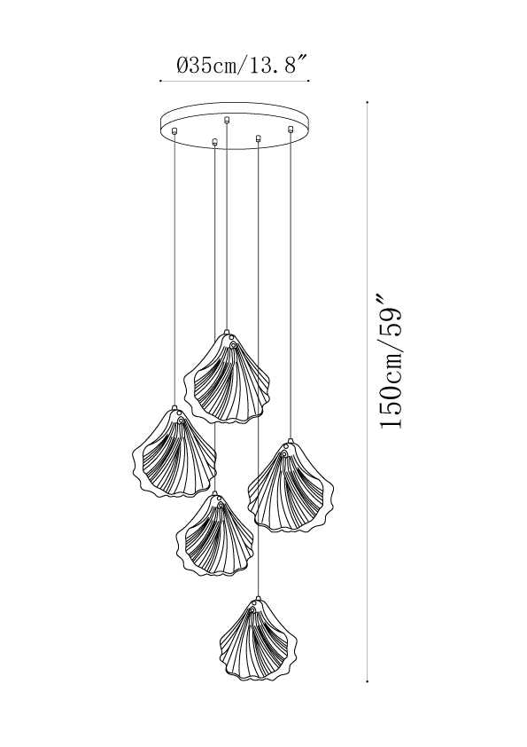 Clérachic pendant light dimension drawing, 4 of 6, every measurement marked in centimetres and inches.