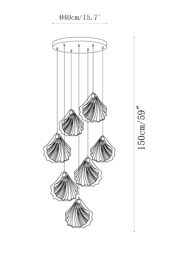 Clérachic pendant light dimension drawing, 5 of 6, every measurement marked in centimetres and inches.
