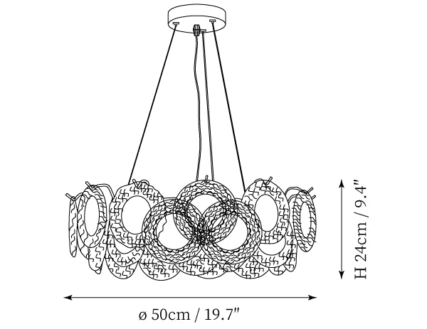 Clérachic pendant light dimension drawing, 1 of 6, every measurement marked in centimetres and inches.