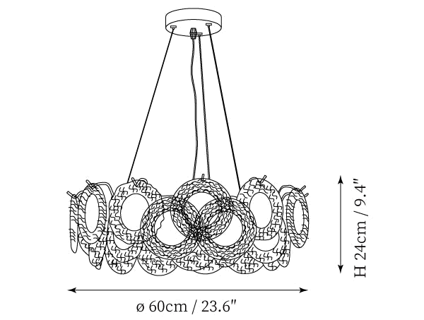 Clérachic pendant light dimension drawing, 2 of 6, every measurement marked in centimetres and inches.
