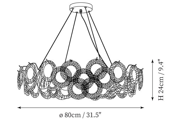 Clérachic pendant light dimension drawing, 3 of 6, every measurement marked in centimetres and inches.