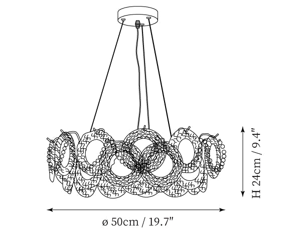 Clérachic pendant light dimension drawing, 4 of 6, every measurement marked in centimetres and inches.