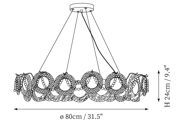 Clérachic pendant light dimension drawing, 6 of 6, every measurement marked in centimetres and inches.