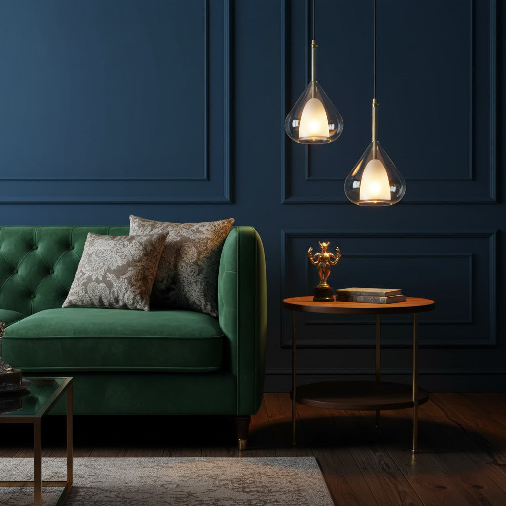 Two Clérachic glass pendants at different heights against a navy panelled wall, above a green velvet sofa and a round copper side table.