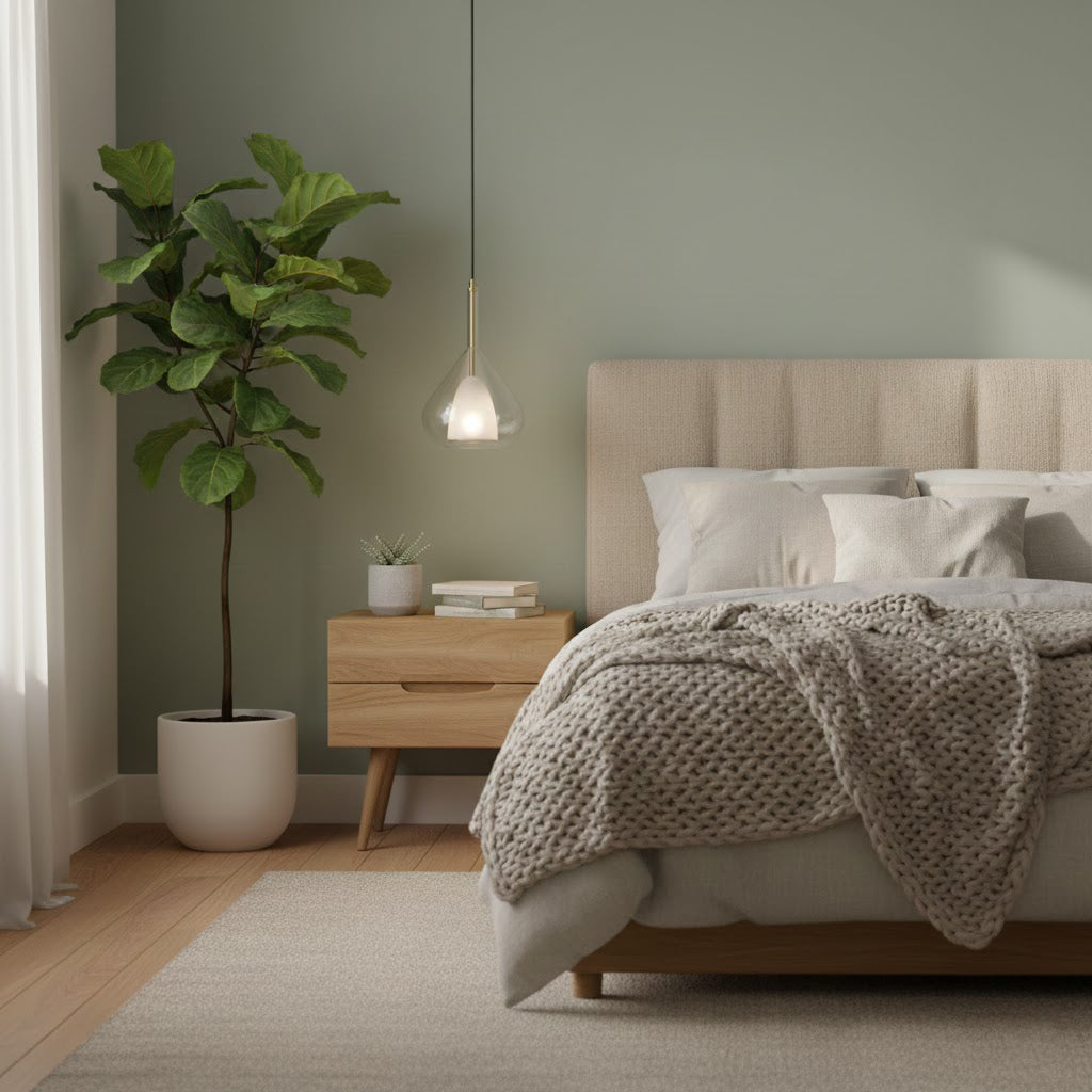 Single Clérachic glass pendant lit above a bedroom with a sage green wall, a tall leafy plant and a bed with a knitted throw.