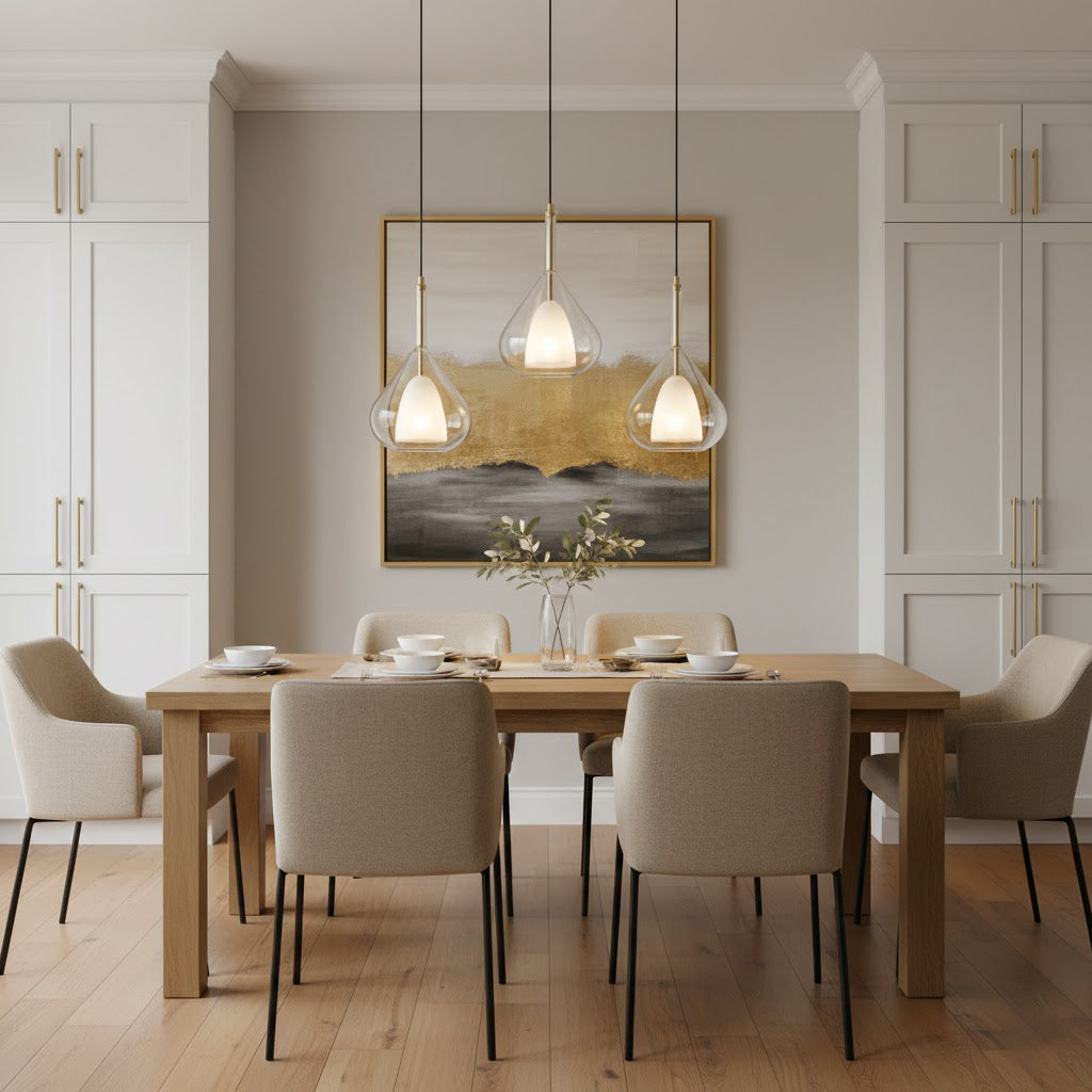 Three Clérachic glass pendants lit at staggered heights above a pale oak dining table, in front of a gold and charcoal abstract painting.