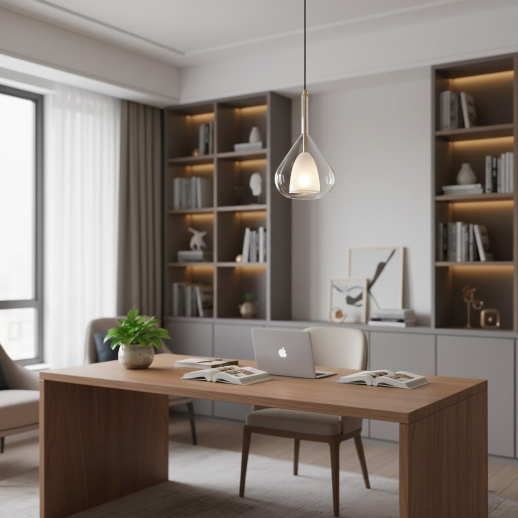 A Clérachic glass pendant lit in a home office, hanging in front of shelving with warm strip lighting and a walnut desk with an open laptop.