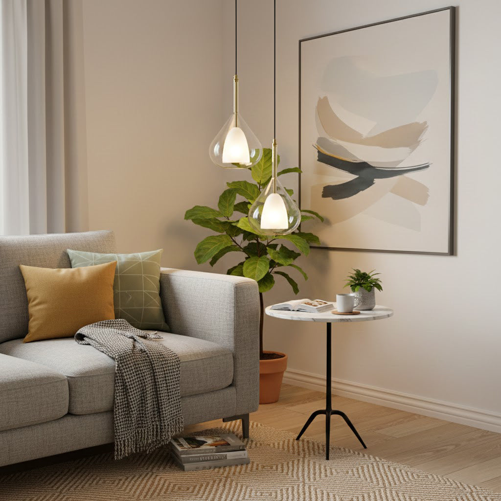 Two Clérachic glass pendants at different heights above a grey sofa with mustard and green cushions, beside a plant and a small marble table.