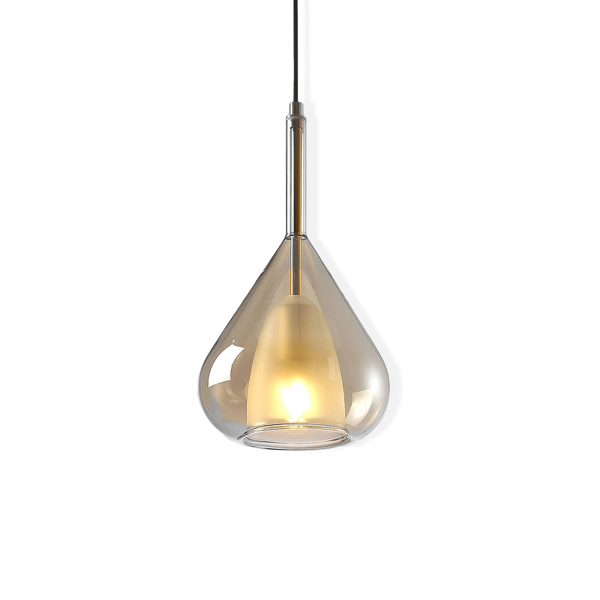 Amber-toned glass teardrop pendant from Clérachic on a white backdrop, with a frosted inner shade lit and a dark metal stem above.