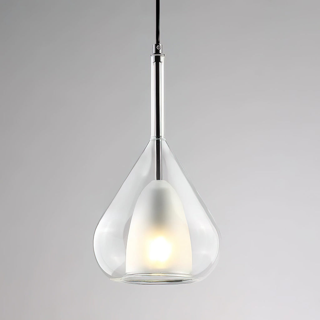 Clear glass teardrop pendant from Clérachic with a frosted inner shade and a chrome-coloured stem, on a soft grey backdrop.