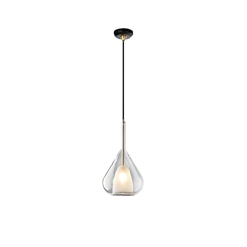 Clérachic clear glass pendant on a white backdrop, hung from a black ceiling canopy and a thin black rod above a brass stem.