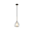 Clérachic clear glass pendant on a white backdrop, hung from a black ceiling canopy and a thin black rod above a brass stem.