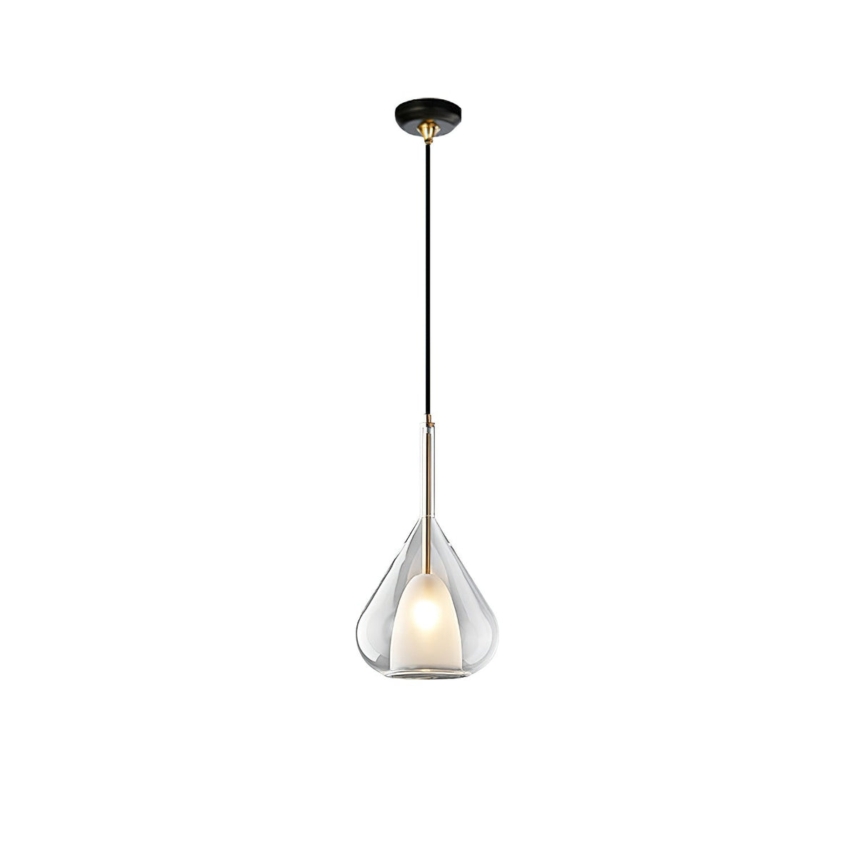 Clérachic clear glass pendant on a white backdrop, hung from a black ceiling canopy and a thin black rod above a brass stem.