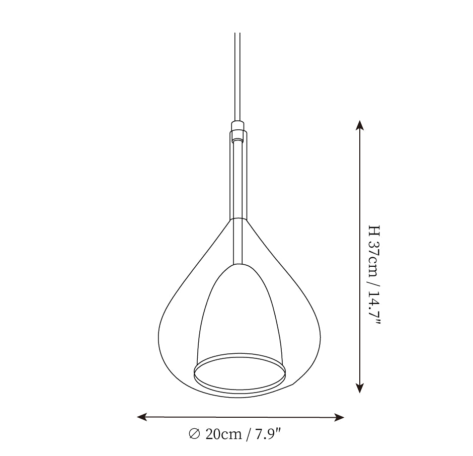 Clérachic pendant light dimension drawing, every measurement marked in centimetres and inches.