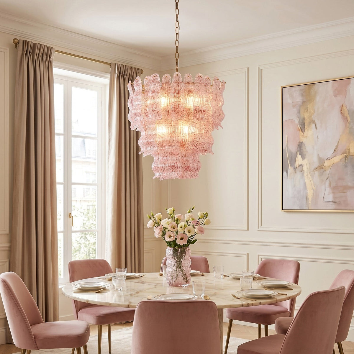 Pink glass version of this Clérachic pendant above a marble-topped round table with pink velvet chairs, in a panelled dining room.