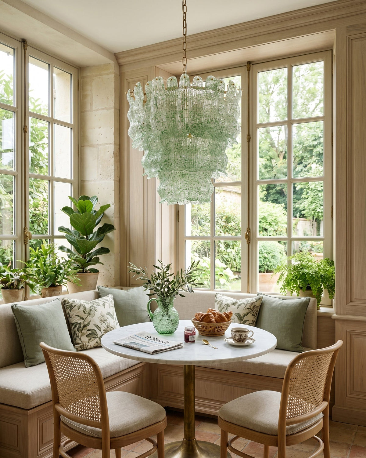 Pale green glass Clérachic pendant in a bright window nook, over a small round table with a cushioned bench and cane chairs.
