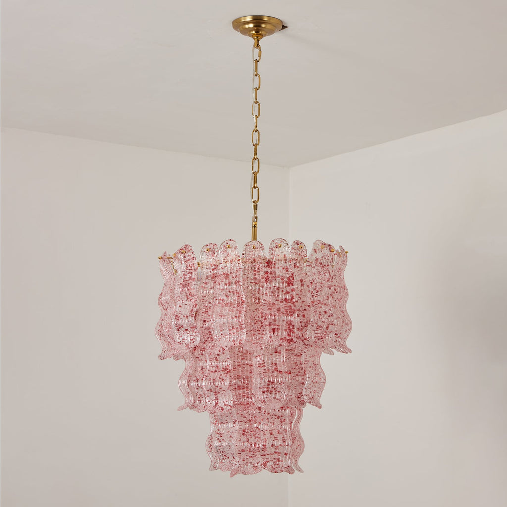 Pink Clérachic pendant unlit, the red-speckled glass panels falling in three tiers from a brass canopy and chain.