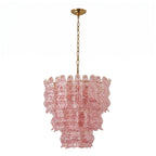 Pink Clérachic pendant on a white backdrop, its rose glass panels and red flecks visible in three tiers.