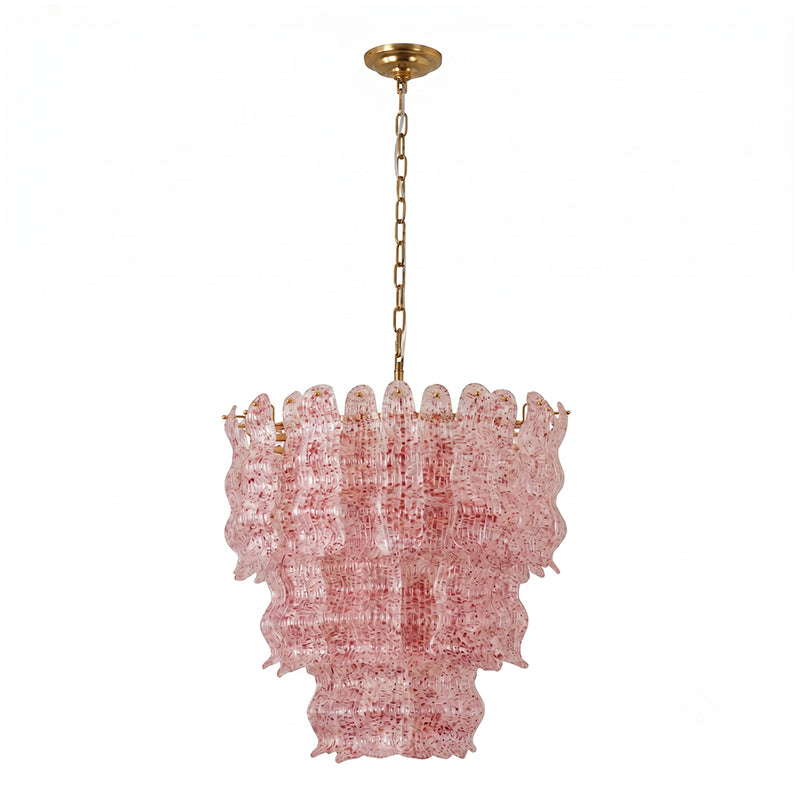 Pink Clérachic pendant on a white backdrop, its rose glass panels and red flecks visible in three tiers.