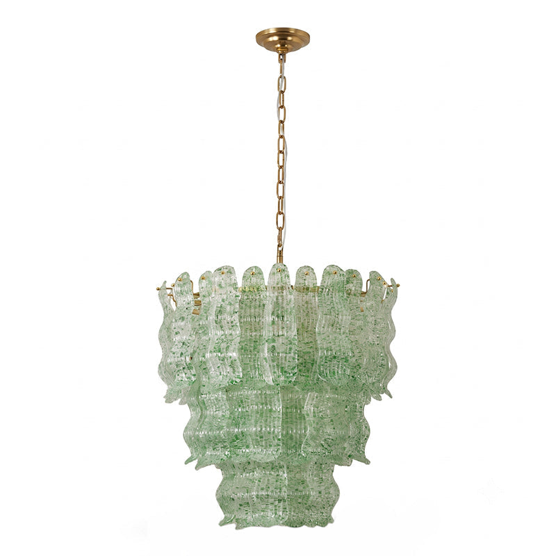 Green Clérachic pendant on a white backdrop, three tiers of green-speckled wavy glass under a brass canopy.