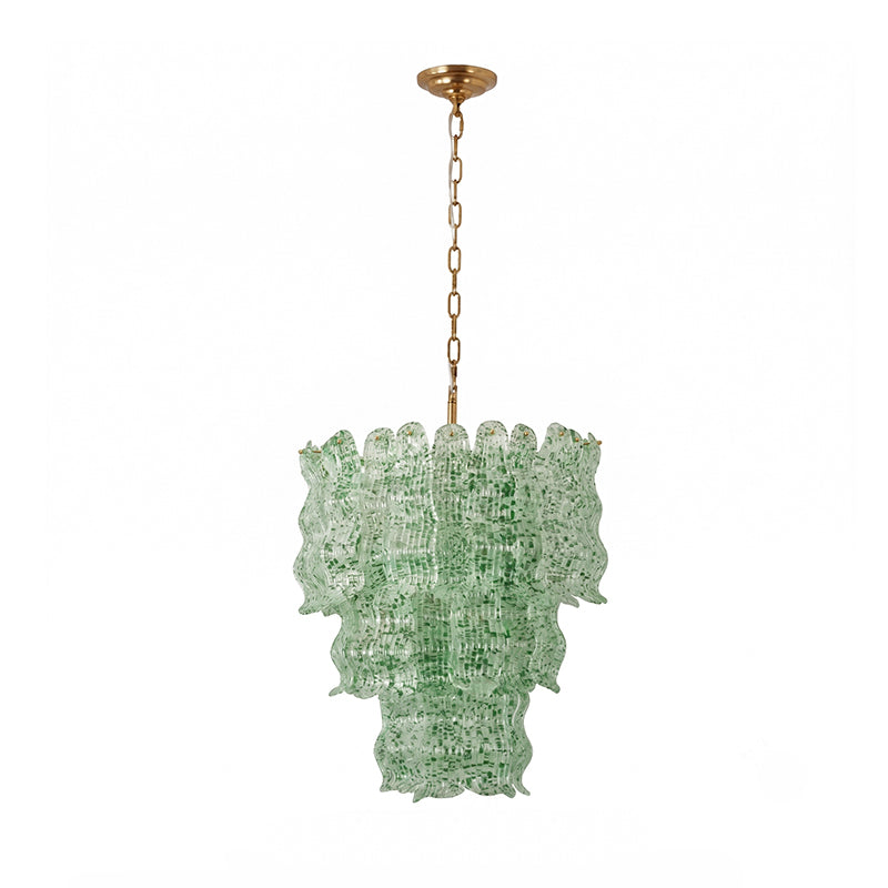 Smaller view of the green Clérachic pendant on white, showing the speckled glass tiers and the brass chain.