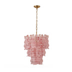 Compact view of the pink Clérachic pendant on a white backdrop, its speckled glass tiers hung from a brass canopy.