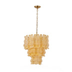 Yellow Clérachic pendant on white, shown with its warm amber glass tiers and a long brass chain above.