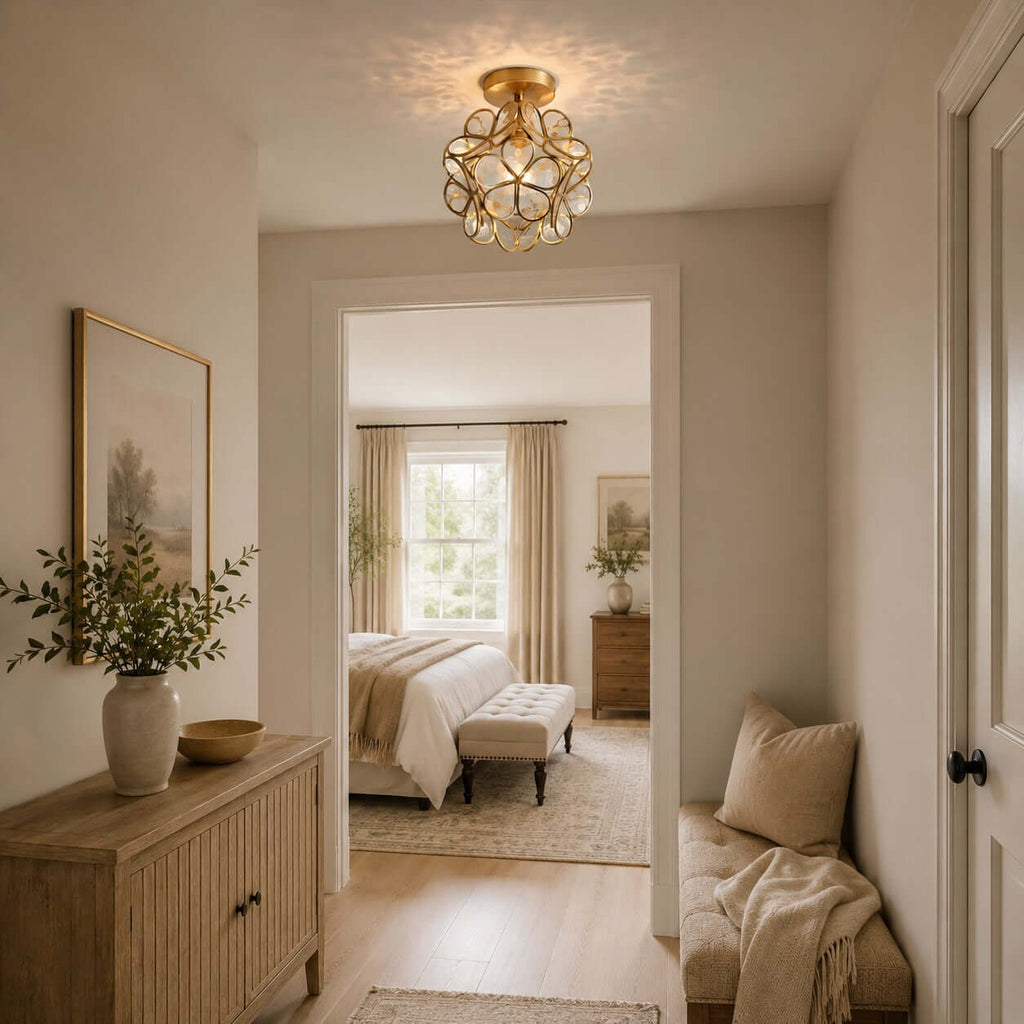 Clear-petal Clérachic ceiling light in a hallway with a ribbed wooden sideboard, a cushioned seat and a bedroom view.